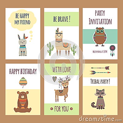 Tribal animals cards. Cute zoo characters squirrel llama hare fox deer lion elephant bear with feather vector poster Vector Illustration