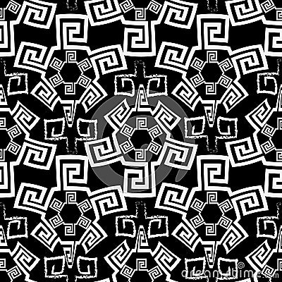 Tribal black and white greek vector seamless pattern. Ornamental ethnic background. Repeat abstract backdrop. Doodle chalk greek Vector Illustration
