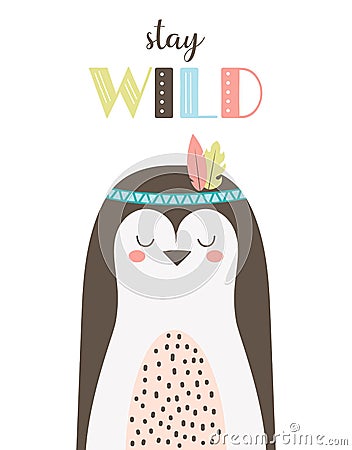 Tribal card with cute penguin, vector illustration Vector Illustration