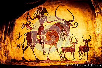 tribal cave painting of prehistoric human and animal Stock Photo
