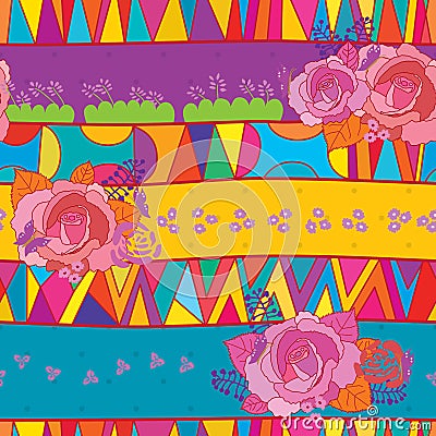 Tribal ceramic mix rose seamless pattern Vector Illustration