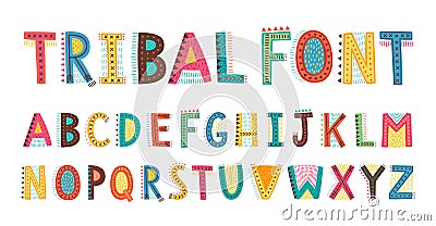 Tribal cute alphabet font. Uppercase doodle Letters Vector Illustration