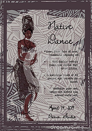 Tribal dance. African dancing woman in turban and traditional costume. Vector illustration on ethnic background. Flyer template. Vector Illustration