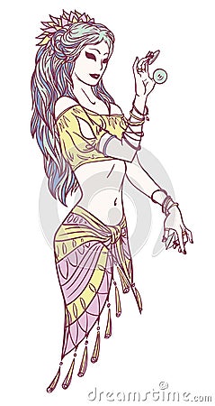 Tribal Dancer or Indian Dancer Girl in Hand Drawn Style. Vector Illustration