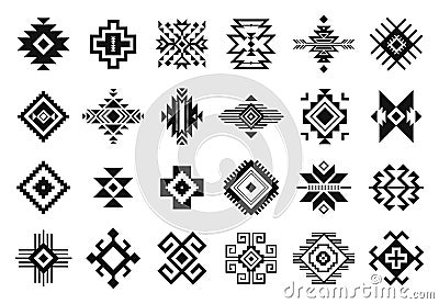 Tribal elements. Monochrome geometric american indian patterns, navajo and aztec, ethnic ornament for textile decorative Vector Illustration