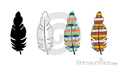 Tribal ethnic bright feathers of Indians. Stylized bird feathers. In color, contour, silhouette. Vector isolated. Indian Vector Illustration