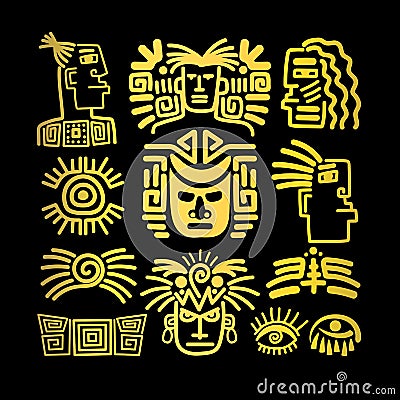 Tribal face drawings set, golden symbols Vector Illustration