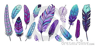 Tribal feather. Hand drawn bird quill with Indian ethnic ornaments and vintage rustic textures. Native American natural Vector Illustration