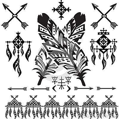 Tribal Feathers and decorative elements Vector Illustration