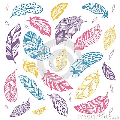 Tribal feathers. Ethnic feather silhouette, birds feathering and hand drawn pen isolated vector illustration set Vector Illustration