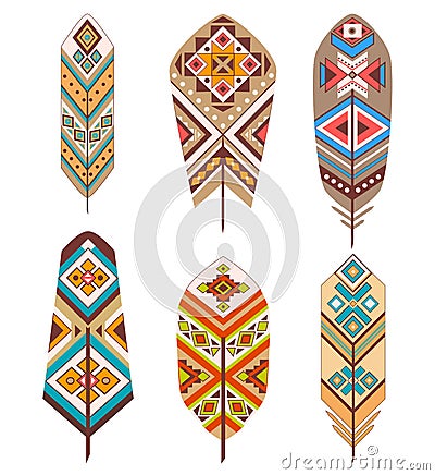 Tribal feathers with ethnic pattern. Colored decorative feathers. Boho style Vector Illustration