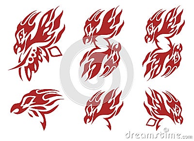 Tribal flaming phoenix head symbols. Red on the white Vector Illustration