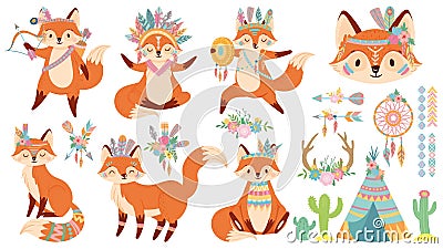 Tribal fox. Cute foxes, indian feather warbonnet and wild animal cartoon vector illustration set Vector Illustration