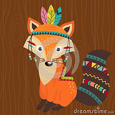 Tribal fox on wooden background Vector Illustration