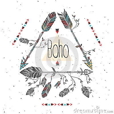 Tribal frame with arrows and feathers. Ethnic Feathers. Boho Style. Vector Illustration