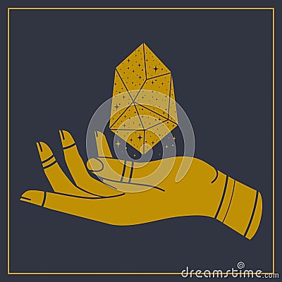 Tribal hand with healing crystal golden postcard illustration Vector Illustration
