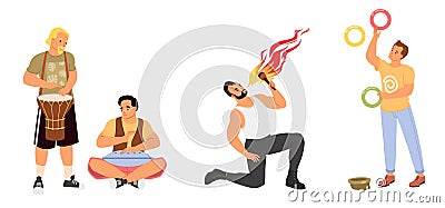 Tribal and hang drum player music band, fire show artist, juggler Vector Illustration