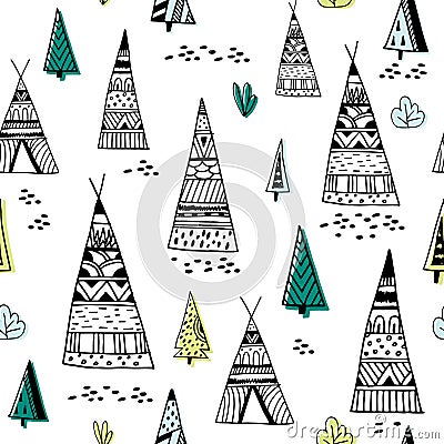 Tribal indian wigwam pattern. Doodle childish minimalist background.Vector Illustration Stock Photo