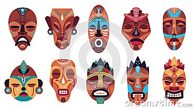 Tribal mask. Color hawaii totem, ritual or ceremonial african, hawaiian or aztec masks, exotic traditional ritual wooden Vector Illustration