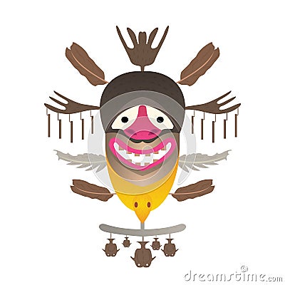 Tribal Mask with feather and fish. Vector illustration. Cartoon Illustration