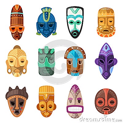 Tribal mask vector cartoon african face masque and masking ethnic culture in Africa illustration set of traditional Vector Illustration