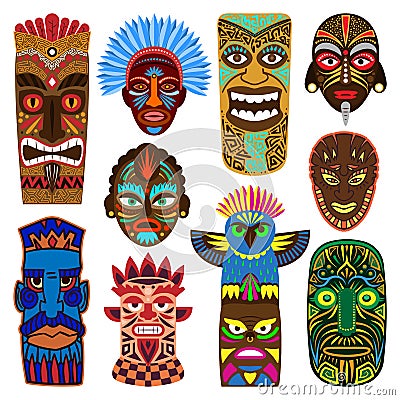 Tribal mask vector masking ethnic culture and aztec face masque illustration set of traditional aborigine masked symbol Vector Illustration