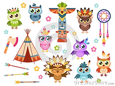 Tribal owls. Cute indian owl characters with ethnic ornament and feathers colored pattern tribal birds, kids cartoon Vector Illustration