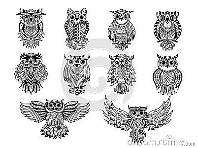 Tribal owls. Decorative ethnic stylized wings wild birds recent vector pictures collection Vector Illustration