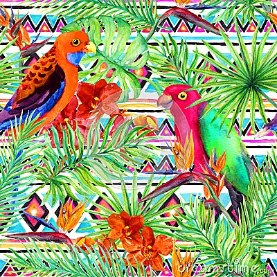 Tribal pattern, tropical leaves, parrot birds. Seamless ethnic background. Watercolor Stock Photo