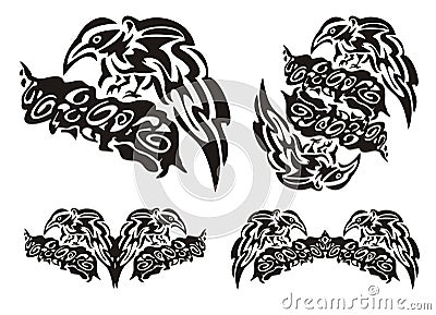 Tribal raven symbols on a tree branch Vector Illustration