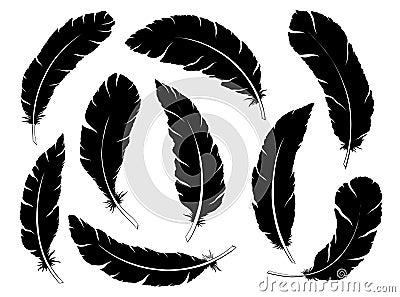 Tribal silhouette Feathers decoration set black color. Ethnic boho style hand drawing. Vector Illustration