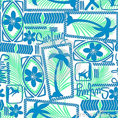 Tribal surfing palm repeat seamless pattern Vector Illustration