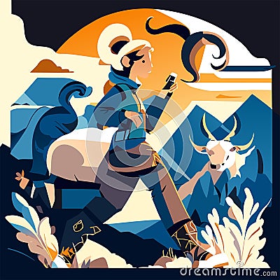 bal vector illustration in a flat style. A girl in a national costume sits on a mountain and looks at the landscape. generative AI Vector Illustration