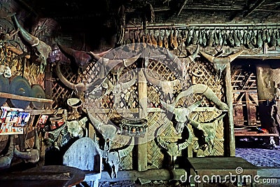 Various animal skulls, decoration for longhouse, Longwa, Nagaland, India Stock Photo