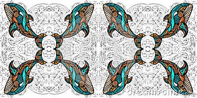 Tribal whale seamless symmetrical wallpaper vector graphics Stock Photo