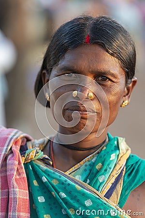 Tribal woman Portrait during Dussera Procession near Jagdalpur,Chattisgarh,India Editorial Stock Photo
