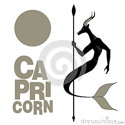 Tribal zodiac. Capricorn. Animal half male goat, half fish, horns and human arms, holding a spear Vector Illustration