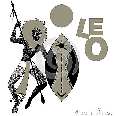 Tribal zodiac. Leo. Lion-headed man, holding a spear and holding a shield, dancing a tribal dance Stock Photo