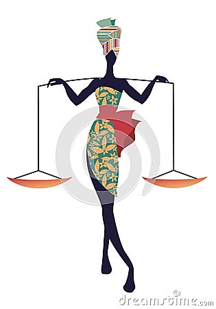 Tribal zodiac. Libra. Elegant woman in floral dress and turban, carrying a scale on her shoulders Stock Photo