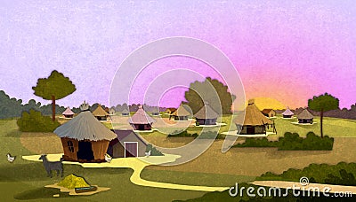 Tribe village houses at sunset. Cartoon Illustration