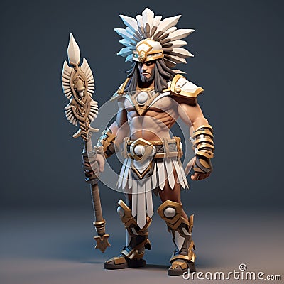 Tribe Warrior 3d Model: Dark White And Light Gold Mesoamerican Influenced Sandalpunk Stock Photo