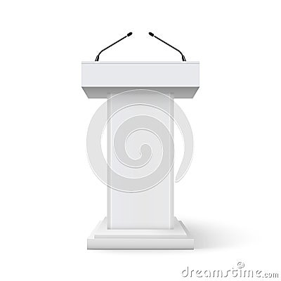 Tribune podium rostrum speech stand. Conference stage with microphone, press or debate speaker isolated orator pulpit Vector Illustration