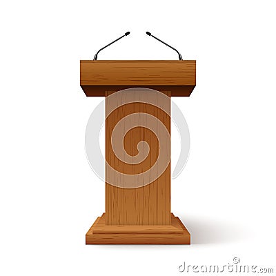 Tribune podium rostrum speech stand. Conference stage with microphone, press or debate speaker isolated orator pulpit Vector Illustration