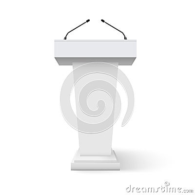 Tribune podium rostrum speech stand. Conference stage with microphone, press or debate speaker isolated orator pulpit Vector Illustration