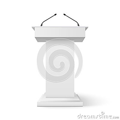 Tribune podium rostrum speech stand. Conference stage with microphone, press or debate speaker isolated orator pulpit Vector Illustration