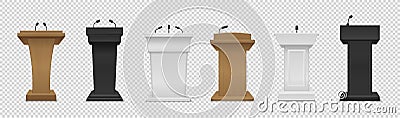 Tribune set. Realistic different color podium with microphones front view, pedestal for lecture, award ceremony Vector Illustration