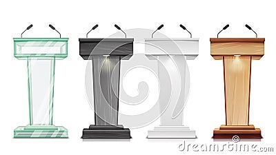 Tribune Set Vector. Podium Rostrum Stand With Microphones. Business Presentation Or Conference, Debate Speech Isolated Vector Illustration