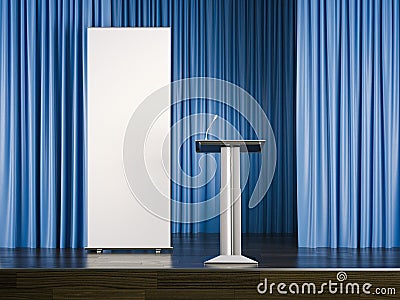 Tribune and white rollup banner on stage. 3d rendering Stock Photo