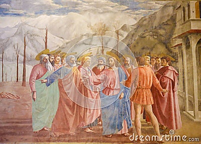 Famous Fresco the Tribute Money in the Brancacci Chapel in Florence Editorial Stock Photo