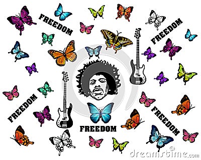 Rock star with guitars, butterflies and the words freedom. Editorial Stock Photo